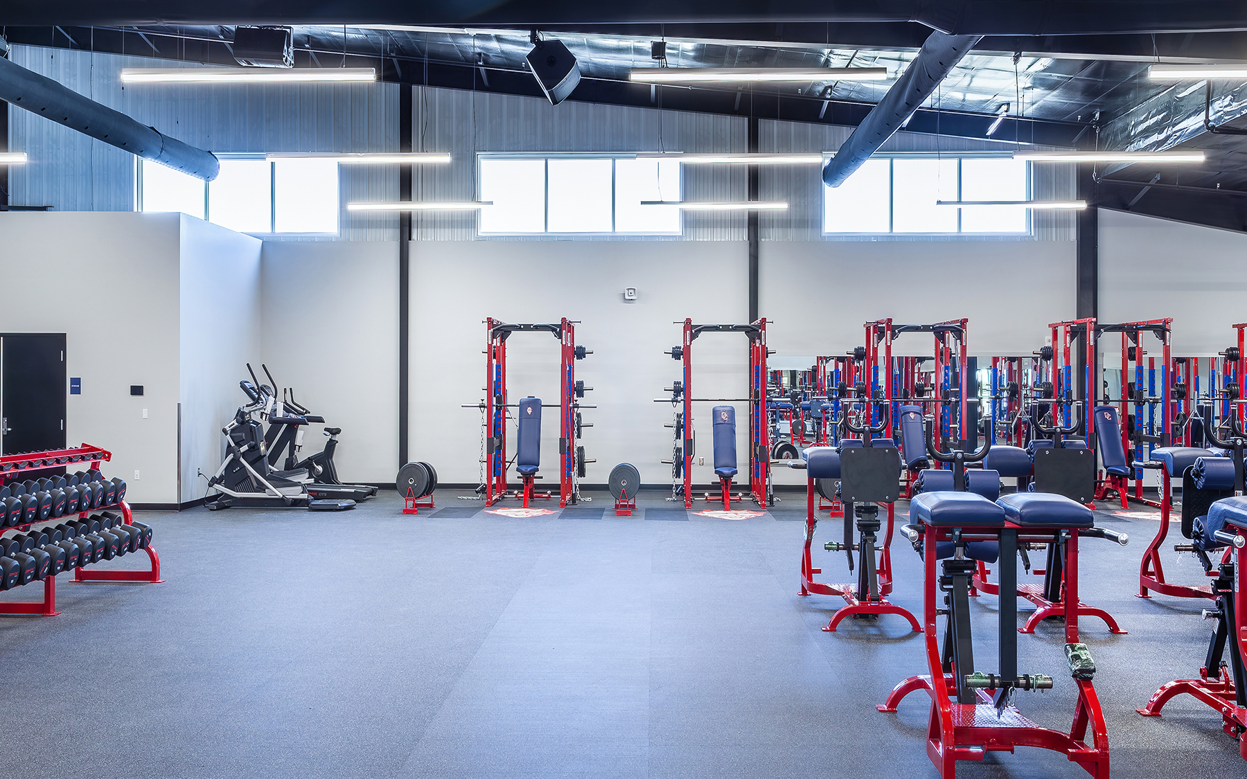Dodge City High School weight room windows.