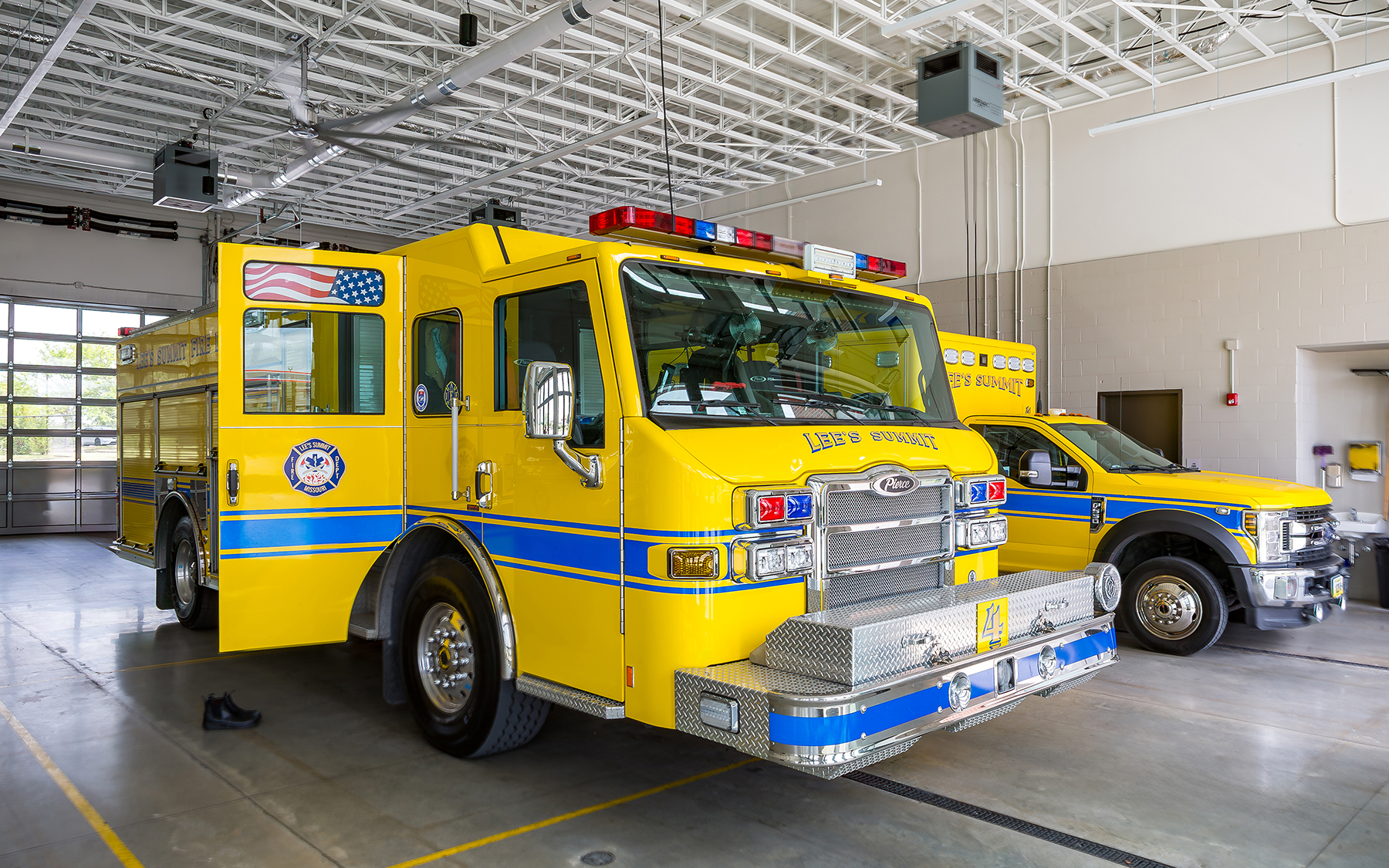 Lee's Summit Fire Station 4 yellow fire truck in bay